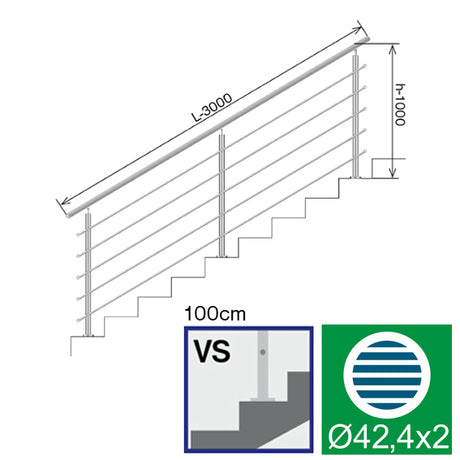 Kit complet garde corps pose escalier 3000x1000mm - INOX 304